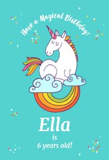 Unicorn dreams, a perfect birthday card for girls with a colourful unicorn sitting on top of a rainbow